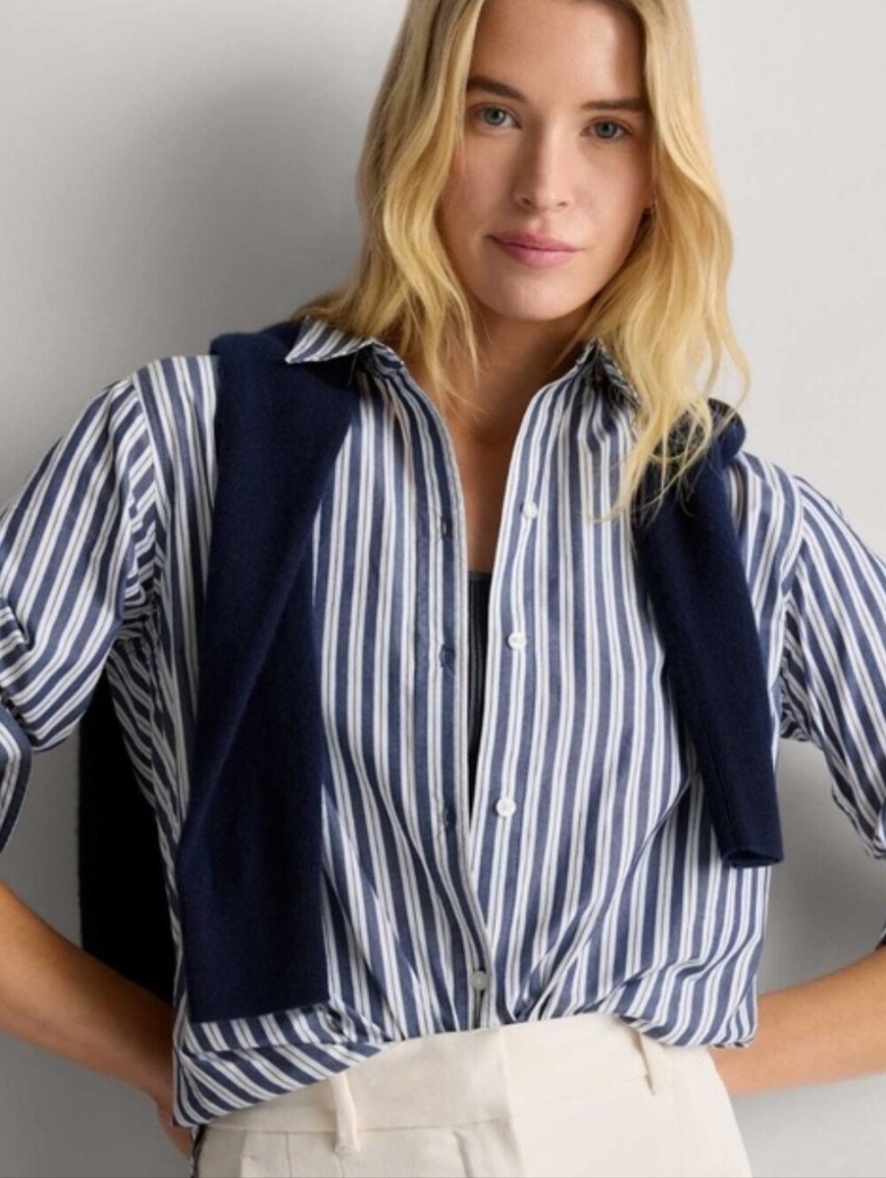 Quince Organic Cotton Poplin Long Sleeve Shirt in Hudson Stripe Blue White L